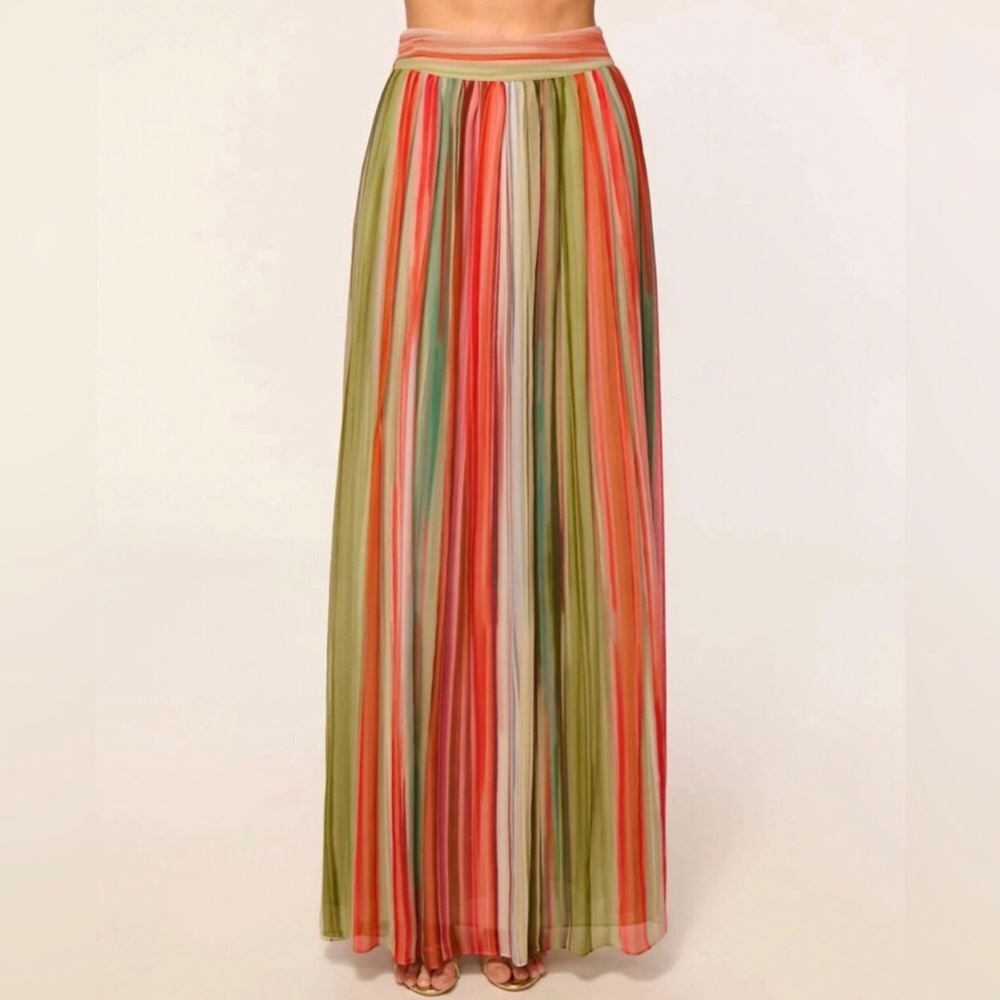 Ramy Brook Lanette Silk Chiffon Maxi Skirt Mint Multi Stripe Womens Small